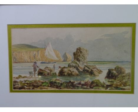 M H FRESHWATE watercolour - cliffside view with sailboat and beachcombers to the foreground, 17 x 32cms and CHRISTINE SCOTT p