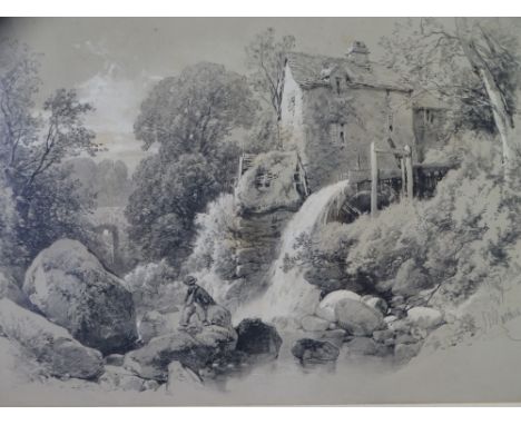J D HARDING black and white print - 'Pandy Mill', 27 x 37cms