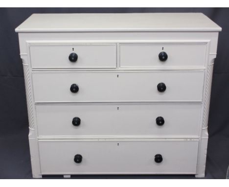 VICTORIAN PAINTED CHEST of two short over three long drawers having turned ebonized knobs with mother of pearl button inserts