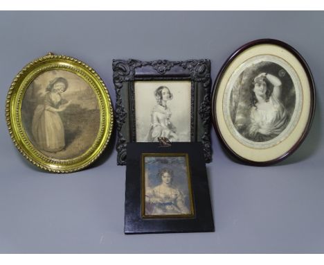 FOUR CLASSICAL STIPPLE ENGRAVED &amp; OTHER PORTRAIT PRINTS depicting demure/pensive young ladies in various composition fram