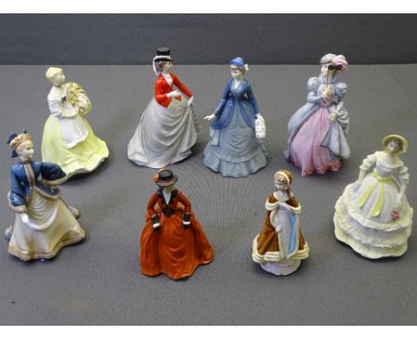 EIGHT ROYAL WORCESTER LADY FIGURINES titled 'Equestrianne', 'Autumn Song', 'Spring Fayre', 'Masquerade', 'Crinolen', 'Winter'