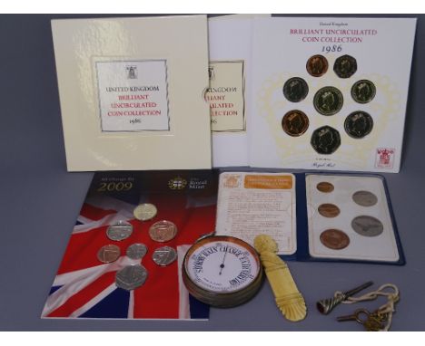 MIXED GROUP OF COINS &amp; COLLECTABLES to include a base metal pocket barometer made in London with three various watch or s