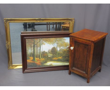 THREE HOUSEHOLD FURNISHING ITEMS including a large gilt framed wall mirror, 116 x 90cms, framed countryside cottage print 66 