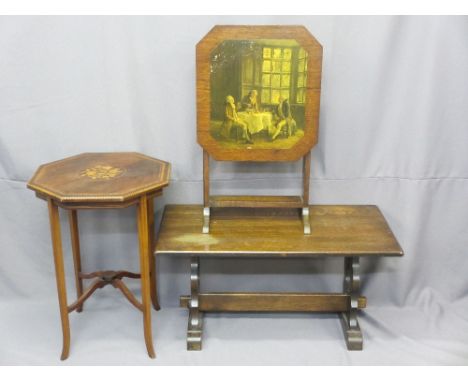 THREE OCCASIONAL FURNITURE ITEMS including an inlaid mahogany octagonal top table circa 1910, an oak table/firescreen and a r