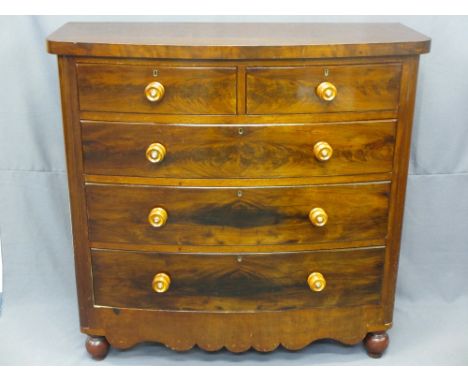 VICTORIAN MAHOGANY BOW FRONT CHEST of two short over three long drawers, all having turned wooden knobs with mother of pearl 