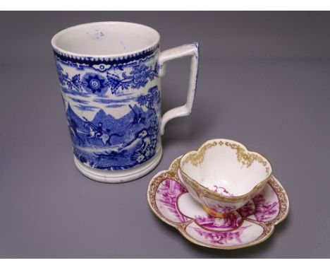 MEISSEN PUCE DECORATED CABINET CUP &amp; SAUCER and an early blue and white transfer hunting scene decorated tankard, 12.5cms