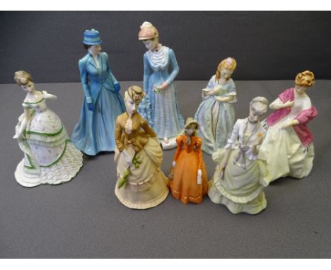 EIGHT ROYAL WORCESTER LADY FIGURINES titled 'Best Wishes', '1878 The Bustle', 'First Dance' 3629, 'Sweet Anne' 3630, 'Sunday 