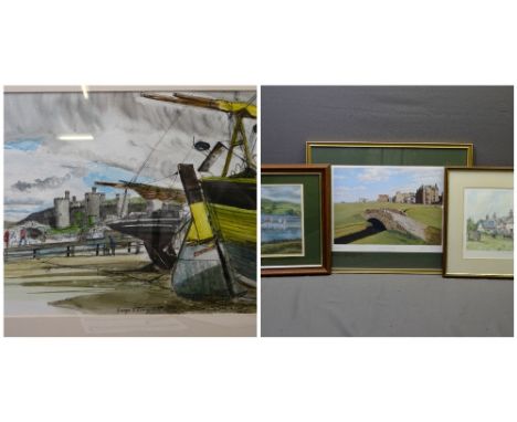 GEORGE DROUGHT mixed media - Conwy boats and figures near the Quay with castle in the background, signed, 26 x 36cms and N HO