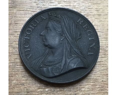 Rare black moulded ceramic (possibly vulcanite) Diamond Jubilee medal, just two minor chips to edge. Approximately 69mm diame