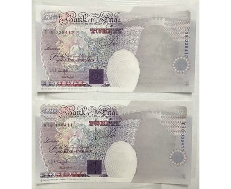 Rare Sequesncsial Prefix Run of Two Bank of England Error £20 Banknote, missing Queen’s Portrait. This is a known genuine mis