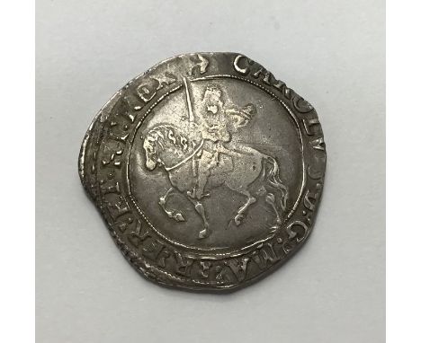 Charles I, Half-Crown mm Anchor 1638-9, flying cloak from kings shoulder, Reverse, Oval garnished shield.