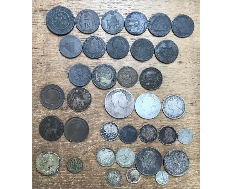 Collection of British coins, including George III Crown, 1883 Halfcrown, 1872 Gothic Florin, world silver coins, Roman Hadria