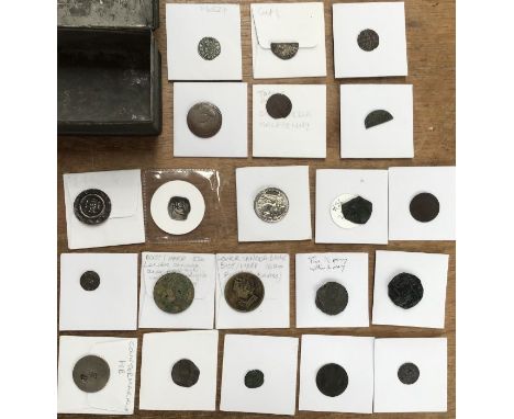 A tin of coins token Coins including Lower Canada 1820 harp half-penny tokens, William & Mary tin Farthing (poor condition), 