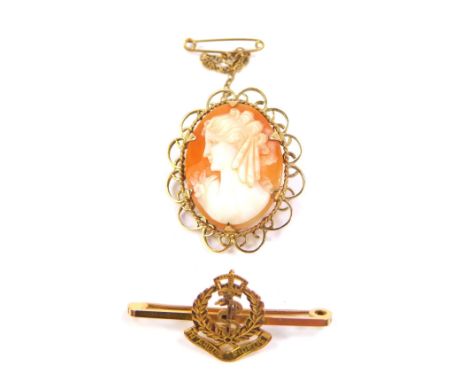 A 9ct gold Royal Army Medical Corps bar badge, 2.3g, a 9ct gold and shell cameo brooch, bust portrait of a lady, with safety 