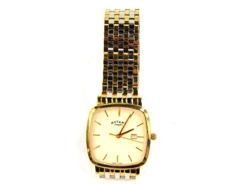 A Rotary gentleman's Windsor gold plated wristwatch, square cream dial with centre seconds and date aperture on a bi-colour b