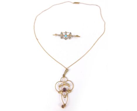 An Art Nouveau 9ct gold amethyst and seed pearl pendant on chain, together with a Victorian turquoise and seed pearl floral b
