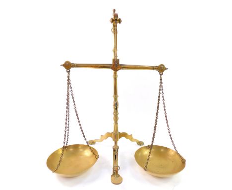 A pair of 19thC Doyle &amp; Son brass beam scales, raised on a tripod base with cabriole legs, stamped Doyle &amp; Son, Borou