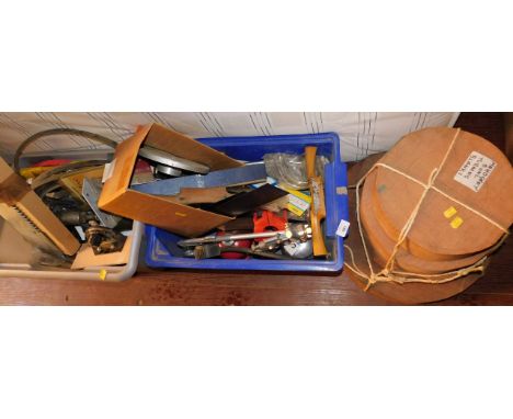 Assorted hand tools, including two sash clamps, and four blocks of mahogany for turning.