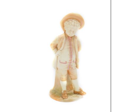 A late 19thC James Hadley Worcester porcelain sugar sifter, modelled as a standing boy in the manner of Kate Greenaway, 1103,