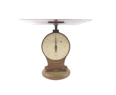 A Salter spring balance cast iron trade scales, no.50T, to weigh 100lbs x 1/2lb, 46cm W.