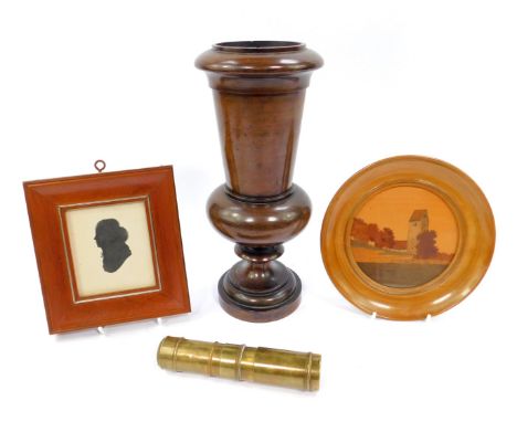 A Victorian brass telescope, 14cm L, circular marquetry picture in a wooden frame, 17cm Dia, silhouette portrait of a lady, f