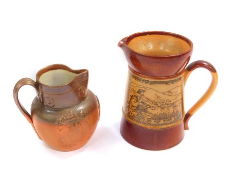 A late 19thC Doulton Lambeth stoneware jug, Floreat Bathon against a brown ground, impressed to base R S Carey, China Rooms, 