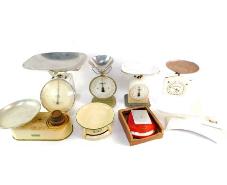 Salter Weighmaster and other kitchen scales, some weights, and a Dutch set of scales, Alexander Werk. (6)