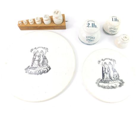 W &amp; T Avery Ltd ceramic imperial weights, 1/2lb - 2lb, transfer decorated in green and white together with six graduated 
