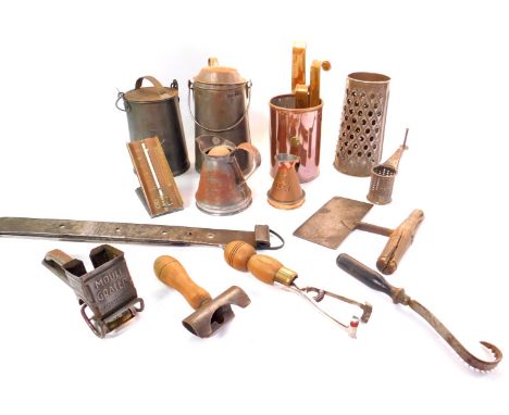 Kitchenalia, including three Victorian graduated copper measures, a Gilpin steel chopper, milk pails, baking thermometer, and