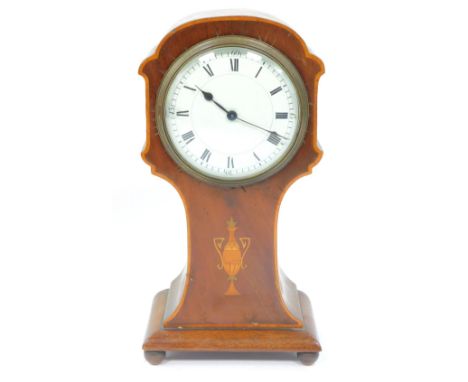 An Edwardian mahogany mantel clock, with a domed enamel Roman numeric dial, 9cm Dia,  in an inlaid stylised balloon case, rai