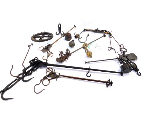 Victorian and later cast iron beam hanging scales. (qty)