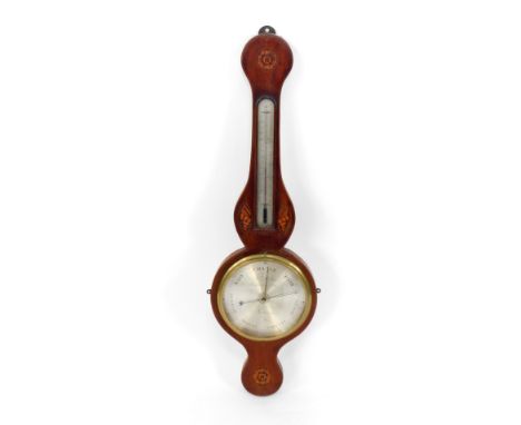 An early 19thC mahogany wheel barometer, with shell paterae and floral inlay, 19.5cm dial, marked F Moulton, St Lawrence, Ste