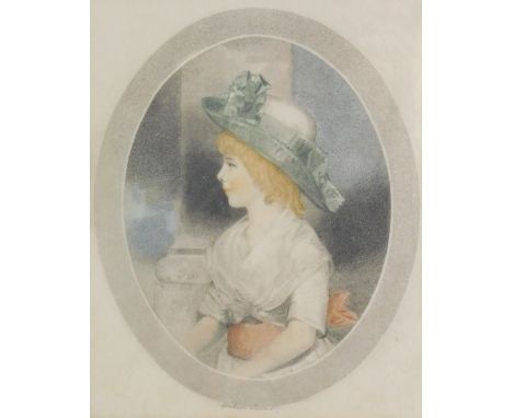 Edward Jackson Stodart (1879-1929). Half length portrait of a girl, after an 18thC original, coloured stippled engraved, sign