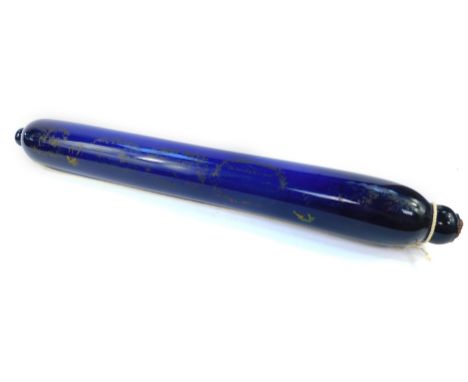A Victorian Bristol blue glass over-sized rolling pin, with partial gilt and enamel decoration, and the legend forget-me-not,