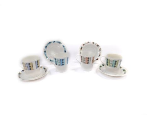 A set of four mid 20thC Royal Adderley porcelain coffee cups and saucers, decorated in the Masquerade pattern.