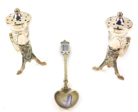 A pair of Norwegian silver pepperettes, of cornucopia form with engraved Celtic decoration, stamped Sterling, maker Theodore 