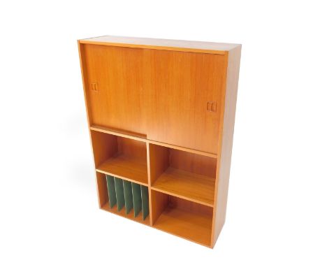 A late 20thC Danish teak hairpin cabinet, with two sliding doors, opening to reveal a single shelf over four further shelves,