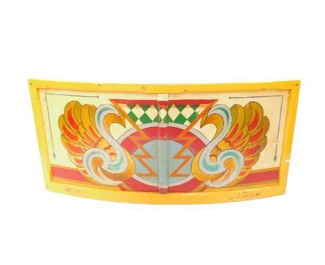 An early 20thC hand painted fairground or circus hording panel, the curved barrier having chamfered framing and polychrome pa