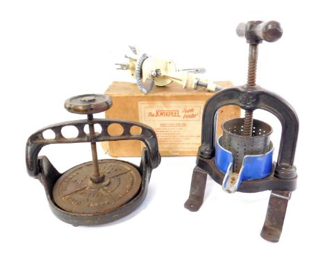 A Follows &amp; Bate Ltd tongue and meat press, The Crown No 2, white enamel Kwik Peel apple peeler, boxed, and a CF No 8 cas