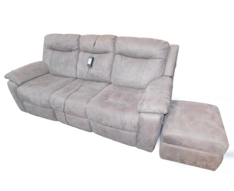 A light brown suede two section three seater electric recliner sofa, 210cm W,  together with a square ottoman pouffe, 44cm H,