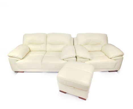 A cream leather two seater sofa, 171cm W, 90cm D., together with an armchair and a pouffe. (3)