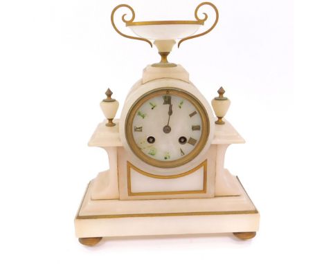 A French white marble cased mantel clock, circular barrel dial bearing Roman numerals, Japy Freres &amp; Cie, eight day movem