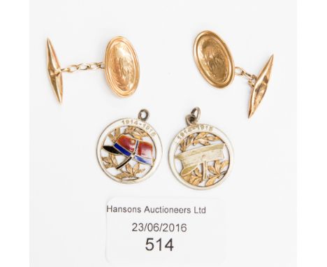 A pair of yellow metal cuff links stamped 9 ct gold, approx. 2.3 grms, two white metal and enamel 1914-1915 World War I post 