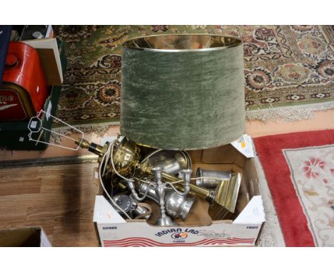 A brass oil lamp converted to electric, with shade and assorted metalware (1 box)