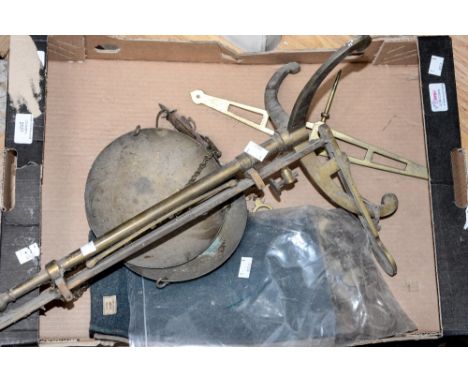 A set of brass weighing scales 'L.M. Attwood Birmingham' with stand, balance, pans and weights