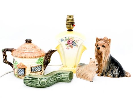 A Wade lamp base, with a Beswick teapot, a Beswick Yorkshire terrier, a Sylvac Yorkshire terrier etc (5)