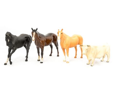 A Beswick Charolais bull, gloss, together with three horses (4) 