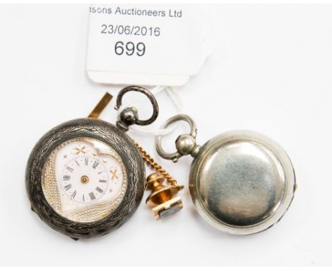 A Swiss silver 0.935 ladies' fob watch, together with a metal sovereign holder and a tie pin (3) 