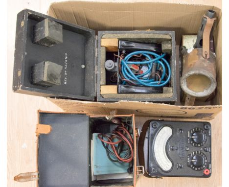 A boxed signaling lamp type B, MK2 Ref 5A/4711, with a cased Avo Meter, a brass primus stove and a Burmos blow lamp (4)