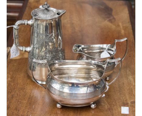 A George III silver boat shaped sucrier and jug, London 1813 and a Victorian silver plated Aesthetic style water jug with bam